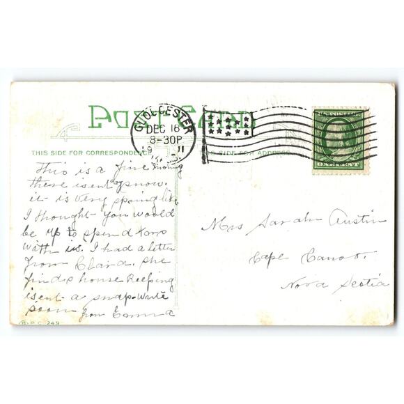 Vintage 1911 Christmas Postcard Snowy Cottage & Holly with Gold Emboss - Picture 2 of 2